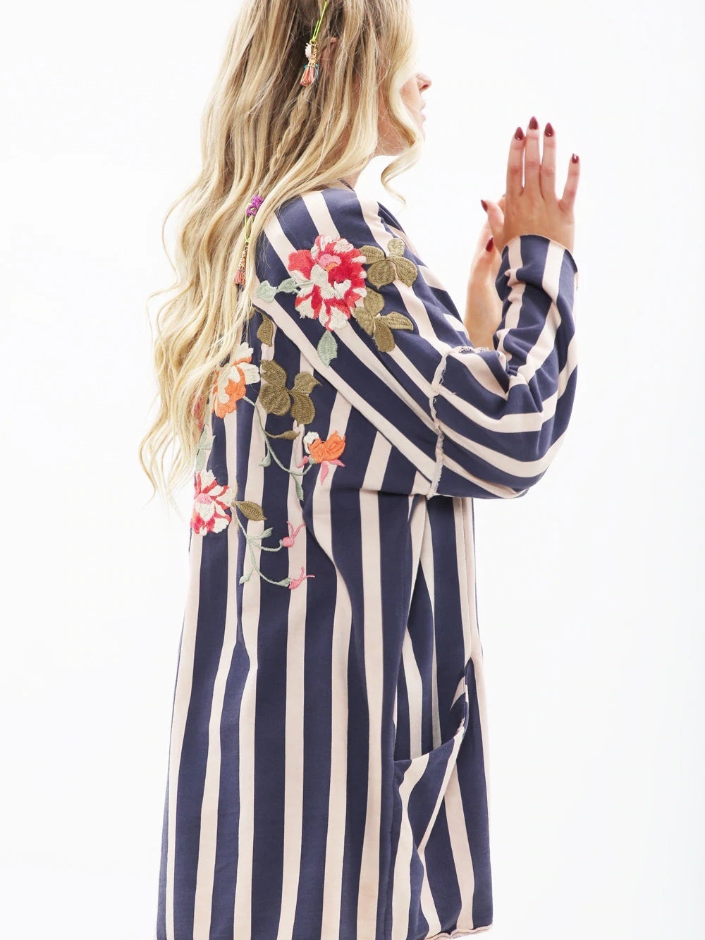 Aratta XL Blue/Pearl “Crafted Stripe” Open Front Cardigan with Floral Embroidery
